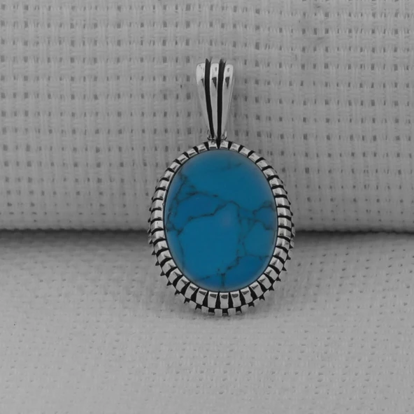 Turkuaz Taşlı Oval 925 Ayar Erkek Gümüş Kolye Ucu ürün görseli 1