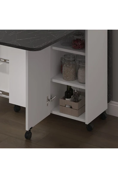 Asra Trend MDF Katlanır Mutfak Yemek Çalışma Masası, 3 Çekmeceli, Beyaz-Royal Mermer, KM-30 - Resim 4