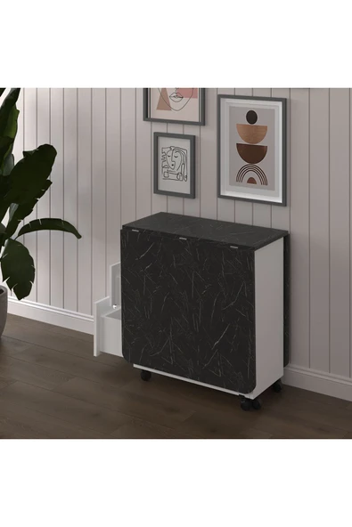 Asra Trend MDF Katlanır Mutfak Yemek Çalışma Masası, 3 Çekmeceli, Beyaz-Royal Mermer, KM-30 - Resim 3