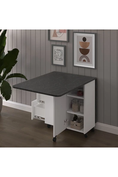Asra Trend MDF Katlanır Mutfak Yemek Çalışma Masası, 3 Çekmeceli, Beyaz-Royal Mermer, KM-30 - Resim 2