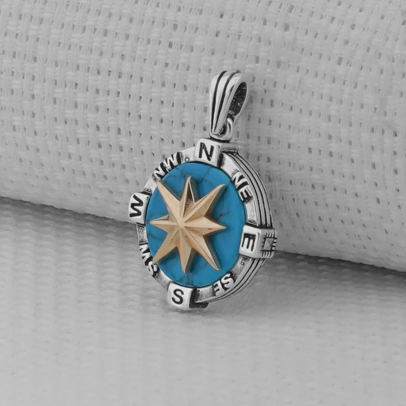 Turkuaz Taşlı Pusula 925 Ayar Erkek Gümüş Kolye Ucu - Resim 2