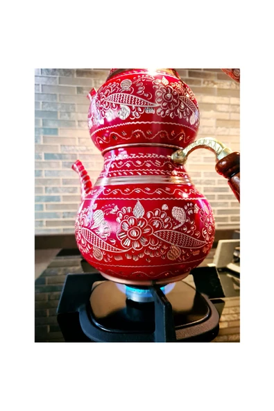 Bakır Çaydanlık Erzincan Işi Ahşap Kulplu Kırmızı Desenli Büyük Boy Çaydanlık Çay Demlik - 8