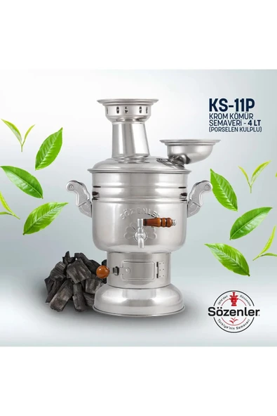 4 Litre-porselen Krom Kömürlü Semaver (porselen Kulp) Taşıma Çantası Hediyeli