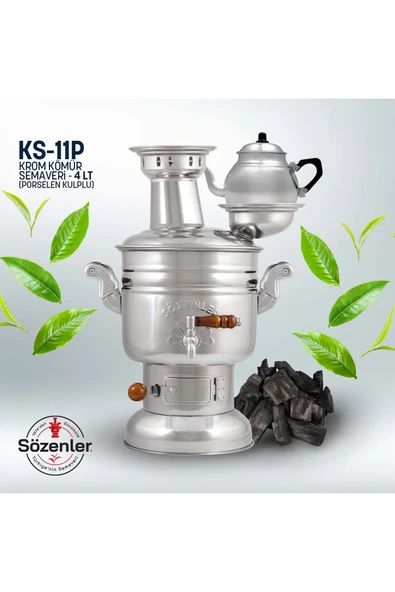 KS11 (4 LT) PORSELEN KULP KROM KÖMÜRLÜ ODUNLU SEMAVER-DEMLİKLİ TAŞIMA ÇANTALI