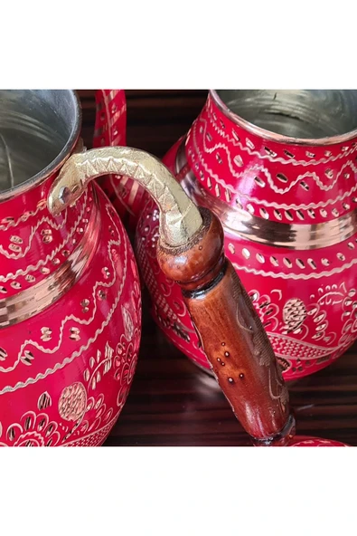 Bakır Çaydanlık Erzincan Işi Ahşap Kulplu Kırmızı Desenli Büyük Boy Çaydanlık Çay Demlik - 3