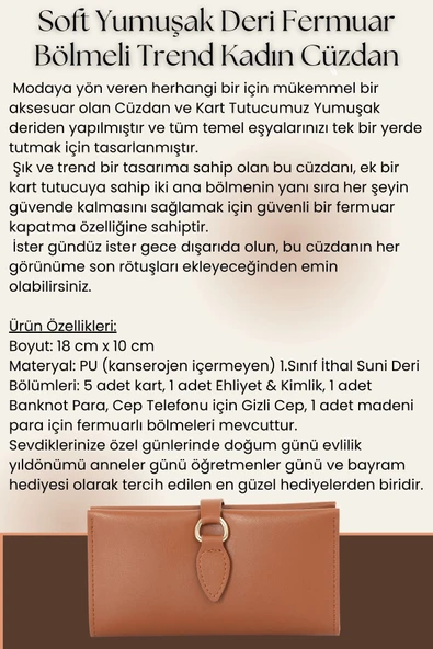 Soft Yumuşak Deri Fermuar Bölmeli Trend Kadın Cüzdan Turuncu - 6