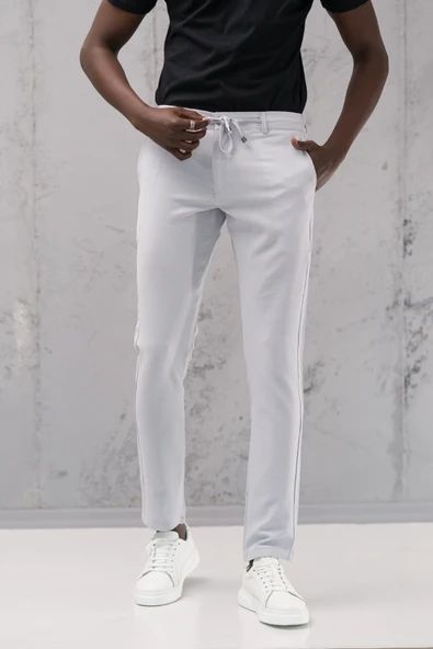 Beli Lastikli ve İplikli Armürlü Slimfit Pamuklu Likralı Jogger Pantolon
