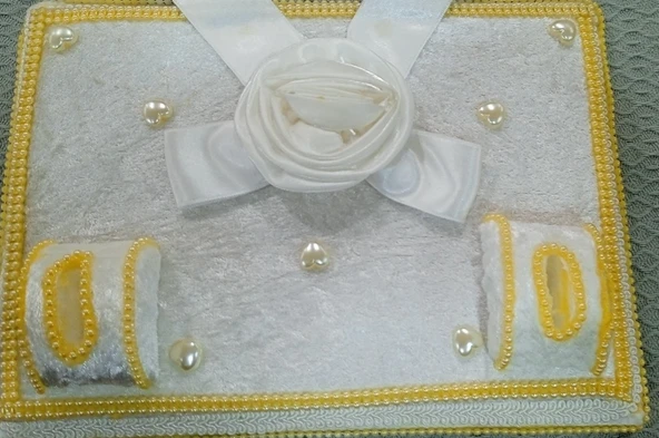 Söz Nişan Tepsisi Ahşap kadife kaplama yüzüklük kare beyaz/ gold - 2