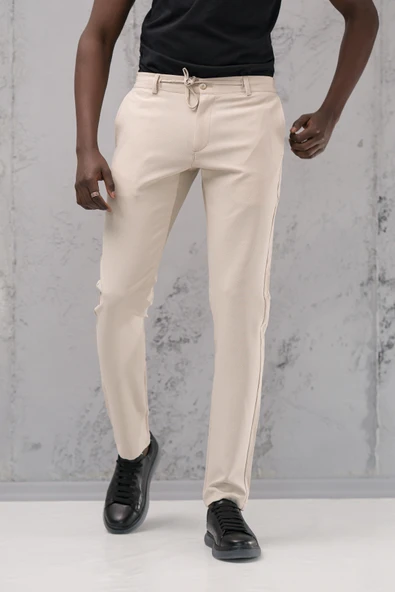 Beli Lastikli ve İplikli Armürlü Slimfit Pamuklu Likralı Jogger Pantolon - 7