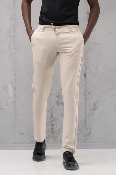 Beli Lastikli ve İplikli Armürlü Slimfit Pamuklu Likralı Jogger Pantolon - 6