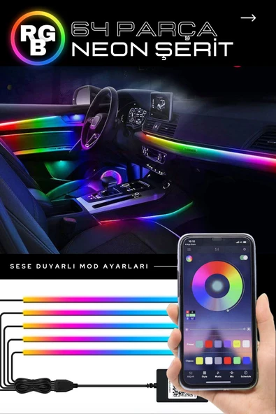 Araç Içi usb'li 6 Parça Atmosfer Ambiyans Led Rgb Ip Neon Telefon + Wifi Kontrollü