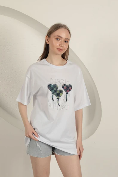 Süprem Kumaş Taş Baskılı Kadın Tişört-Beyaz - 2