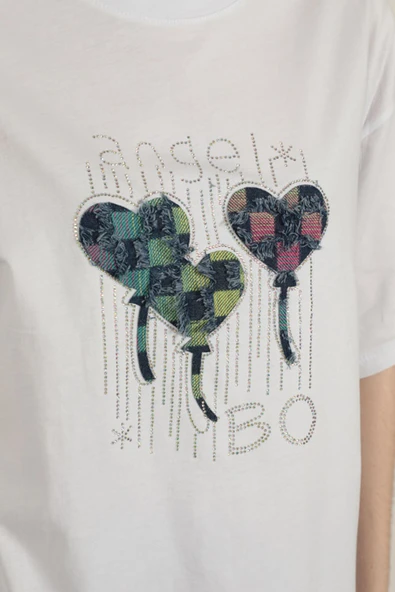 Süprem Kumaş Taş Baskılı Kadın Tişört-Beyaz - 4