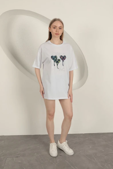 Süprem Kumaş Taş Baskılı Kadın Tişört-Beyaz - 5