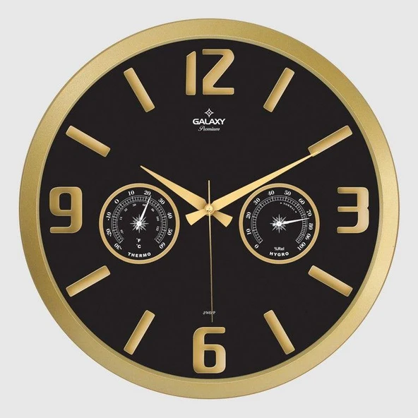 Galaxy 705 Premium Serisi Termometre ve Baramotre Özellikli Kabartma Rakamlı Ev ve Ofis Duvar Saati Gold-Siyah ürün görseli