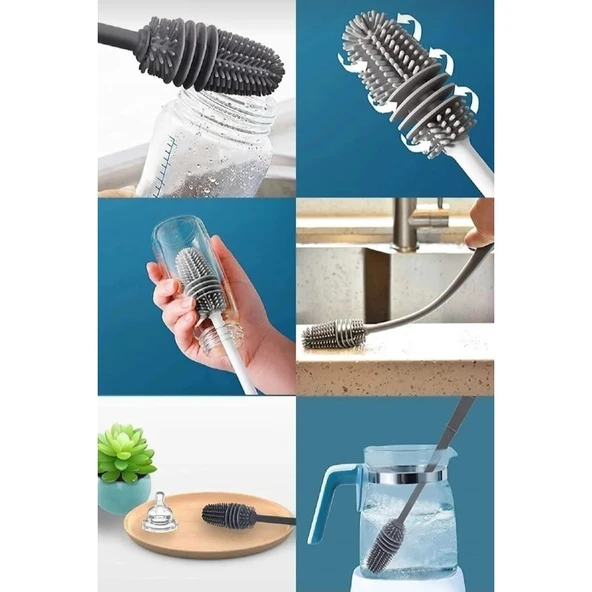 360 Derece Döner Fonksiyonlu Uzun Saplı Biberon Temizleme Fırçası Silikon Süt Şişe Yıkama Fırçası