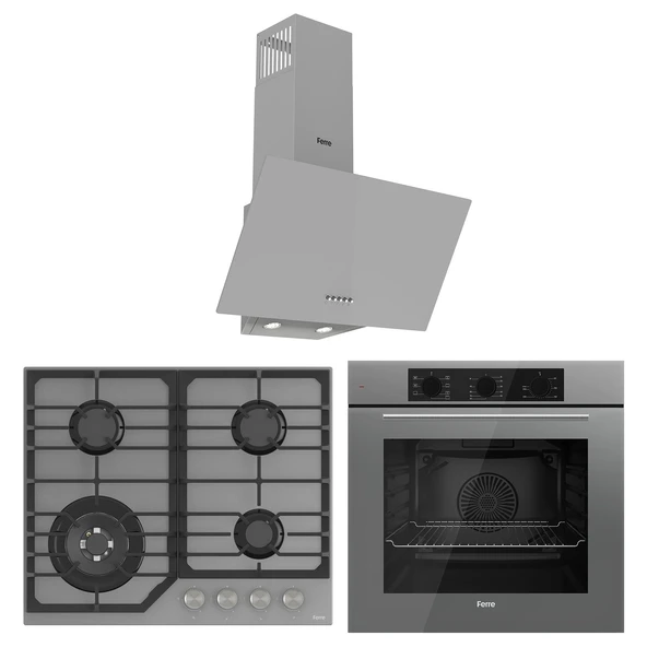 Ferre Flowart NT Asimetrik Seriisi 3'lü Gri Ankastre Set ( QBL62CPR-NT028-D088 ) ürün görseli 1