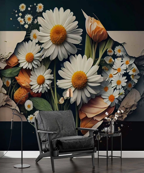 3 Boyutlu Papatya Çiçek Duvar Kağıdı - Resim 6