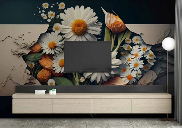 3 Boyutlu Papatya Çiçek Duvar Kağıdı - Resim 3