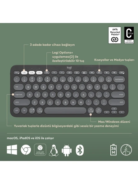 Logitech K380s Pebble Keys 2 Çoklu Cihaz Özellikli Bluetooth İngilizce Q Klavye - 2