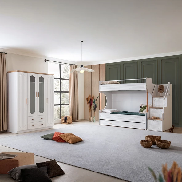 Ranza, Vita Bohem Genç Odası Takımı Yavrulu Beyaz Ranza + Dört Kapaklı Dolap