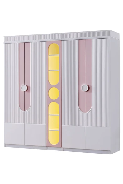 Vira Çocuk Odası Takımı, Vira 4 Kapaklı Dolap, Perla Karyola, Şifonyer, Kitaplık - Pembe - Resim 2