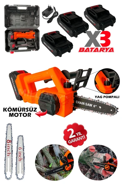 Kömürsüz Motor Yağ Pompalı Dal Budama Testeresi ''3 Bataryalı'' Çift Pala Akülü Ağaç Kesme Makinesi - 2