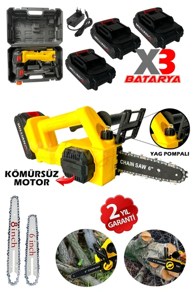 Kömürsüz Motor Yağ Pompalı Dal Budama Testeresi ''3 Bataryalı'' Çift Pala Akülü Ağaç Kesme Makinesi - 2