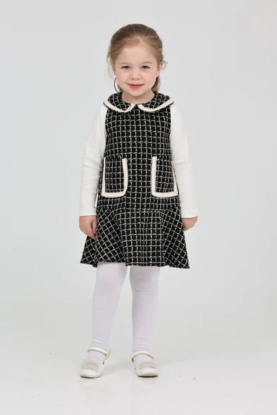 Kız Çocuk Şanel Kumaş Cepli 2'li Elbise (Elbise+Bady Bluz)12175 - 3