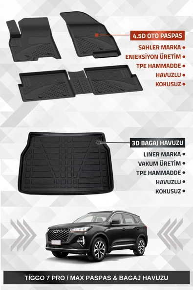 Sahler Chery Tiggo 7 Pro / Max 2022+ Uyumlu 4.5D Premium Havuzlu Paspas ve Liner Marka 3D Bagaj Havuzu
