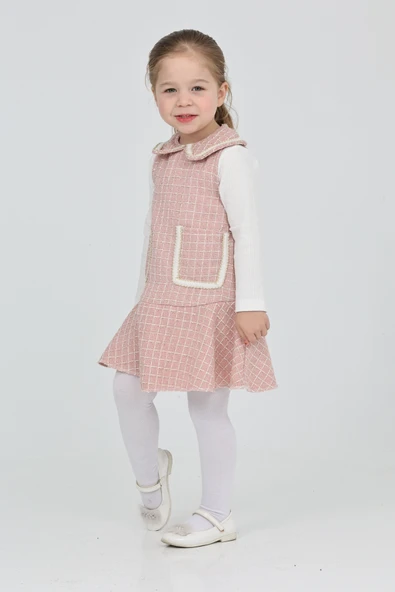 Kız Çocuk Şanel Kumaş Cepli 2'li Elbise (Elbise+Bady Bluz)12175 - 11
