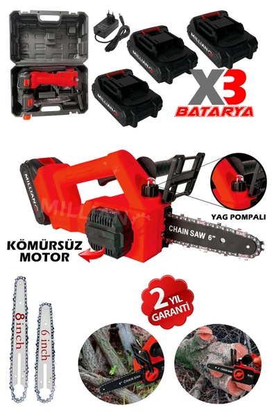 Kömürsüz Motor Yağ Pompalı Dal Budama Testeresi ''3 Bataryalı'' Çift Pala Akülü Ağaç Kesme Makinesi - 2