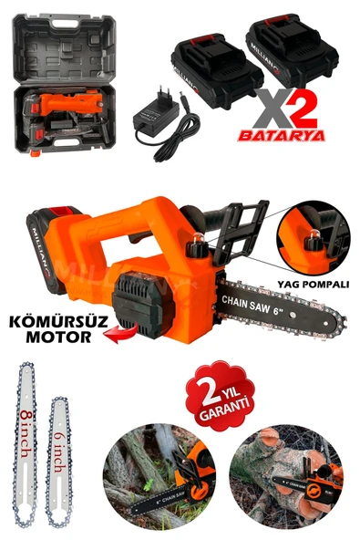 Kömürsüz Motor Yağ Pompalı Dal Budama Testeresi Çift Bataryalı Çift Palalı Akülü Ağaç Kesme Makinesi - 2