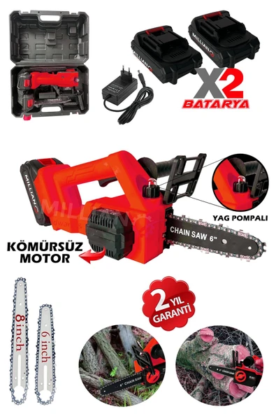 Kömürsüz Motor Yağ Pompalı Dal Budama Testeresi Çift Bataryalı Çift Palalı Akülü Ağaç Kesme Makinesi - 2