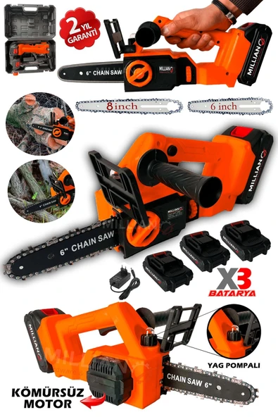 Kömürsüz Motor Yağ Pompalı Dal Budama Testeresi ''3 Bataryalı'' Çift Pala Akülü Ağaç Kesme Makinesi