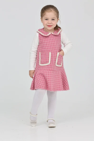 Kız Çocuk Şanel Kumaş Cepli 2'li Elbise (Elbise+Bady Bluz)12175 - 5