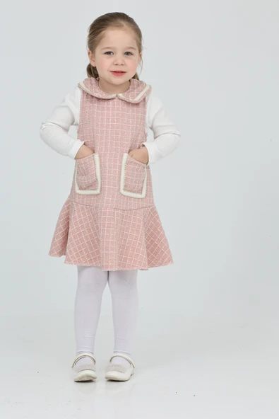 Kız Çocuk Şanel Kumaş Cepli 2'li Elbise (Elbise+Bady Bluz)12175