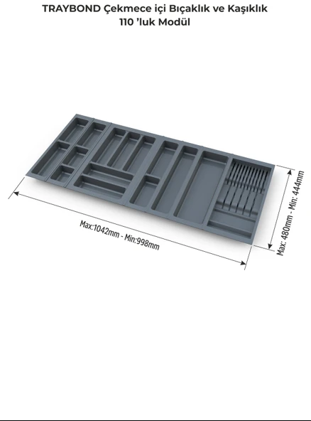 Çekmece Içi Kaşıklık Ve Bıçaklık Düzenleyici  Antresit, 104x48 Yandan Ve Boydan 4Cm Kesilebilir - 3