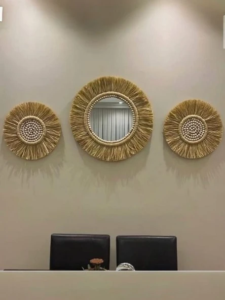 El Yapımı Dekoratif Hasır Ayna Etnik Tarz Bohem Ayna