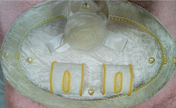 Söz Nişan Tepsisi Ahşap kadife kaplama yüzüklük oval beyaz/ gold - 2