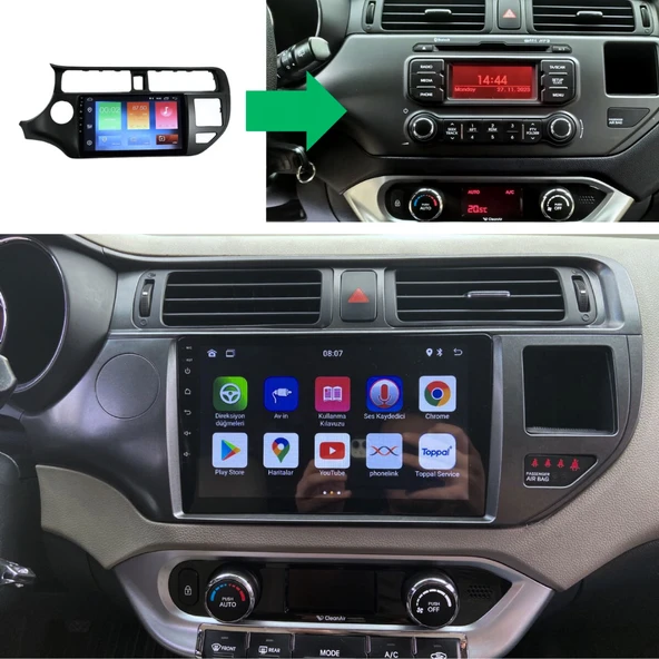 Kia Rio Araç Multimedya Android Ekran Carplay Navigasyon Cihazı Double Teyp 2+32 9" 12-15 Gri BLUEWAY - Resim 5