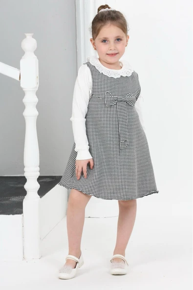 Kız Çocuk Kazayağı Desenli Şanel Kumaş 2'li Elbise (Elbise+Bady Bluz)12176 - 2