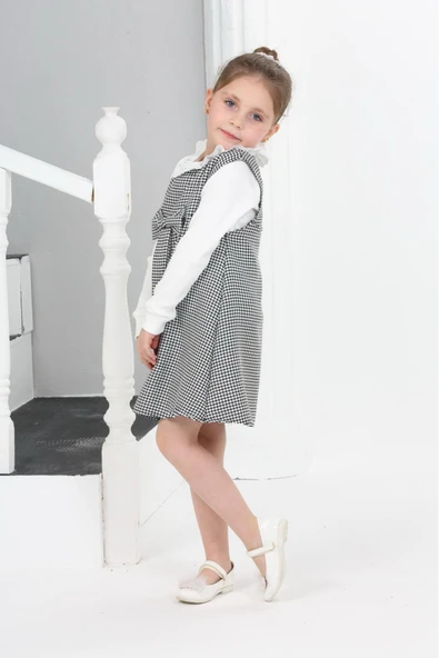 Kız Çocuk Kazayağı Desenli Şanel Kumaş 2'li Elbise (Elbise+Bady Bluz)12176 - 3