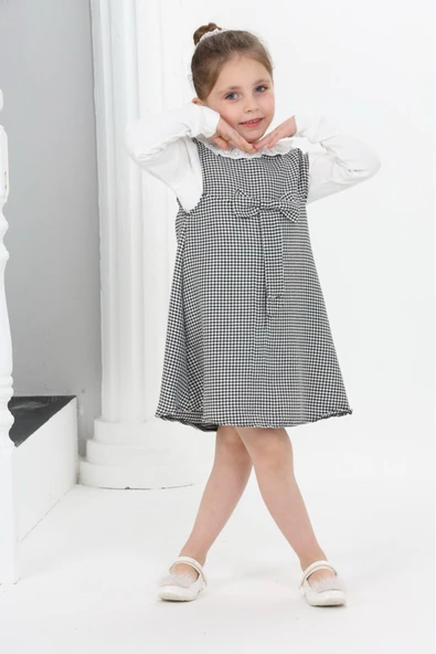 Kız Çocuk Kazayağı Desenli Şanel Kumaş 2'li Elbise (Elbise+Bady Bluz)12176