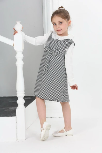 Kız Çocuk Kazayağı Desenli Şanel Kumaş 2'li Elbise (Elbise+Bady Bluz)12176 - 4