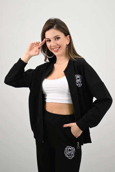 Kadın Bol Paça Fermuarlı Gül Detaylı Eşofman Takımı 4144-25-1 - 11