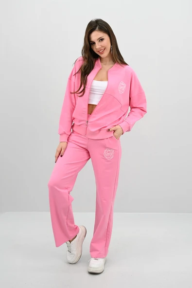 Kadın Bol Paça Fermuarlı Gül Detaylı Eşofman Takımı 4144-25-1 - 4