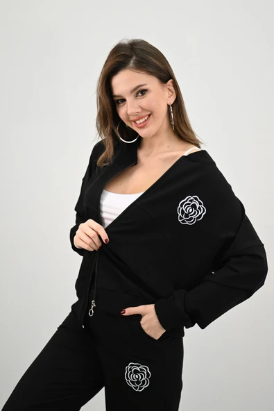 Kadın Bol Paça Fermuarlı Gül Detaylı Eşofman Takımı 4144-25-1 - 12