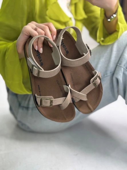 Parmak Arası Kadın Sandalet Rahat Ortopedik Mantar Taban Ayarlanabilir Metal Tokalı Cırtlı 34174 - 3