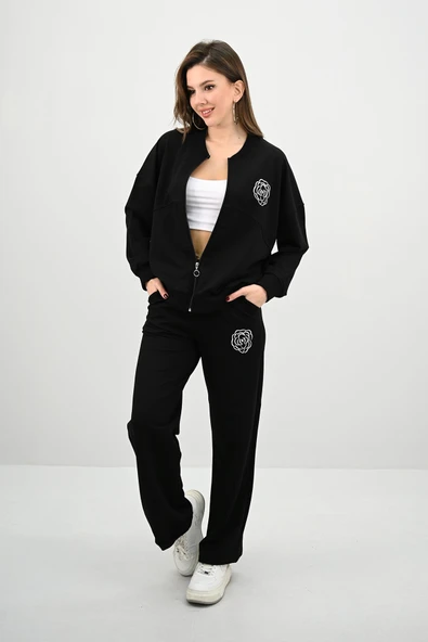 Kadın Bol Paça Fermuarlı Gül Detaylı Eşofman Takımı 4144-25-1 - 9